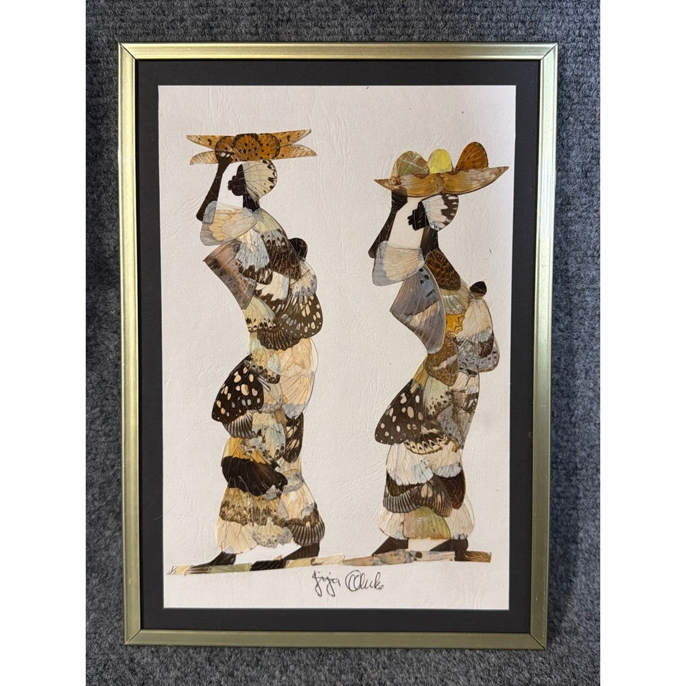 African Butterfly Wing Art Collage Hand Crafted‎ Framed Signed Folk Art 12x9